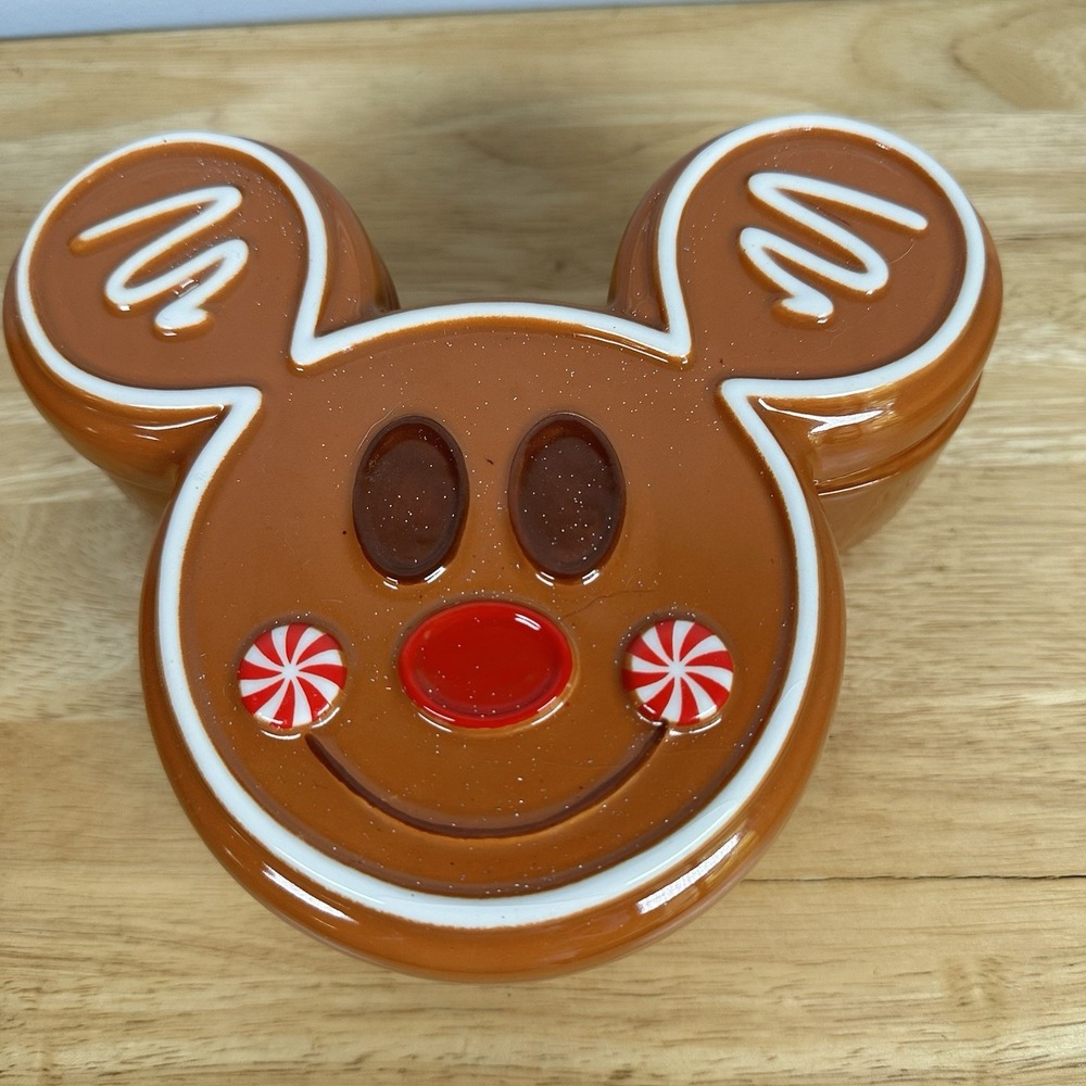 Disney Mickey Mouse Candy‎ Bowl Gingerbread Sculpted Ceramic with Lid 7.5x7"